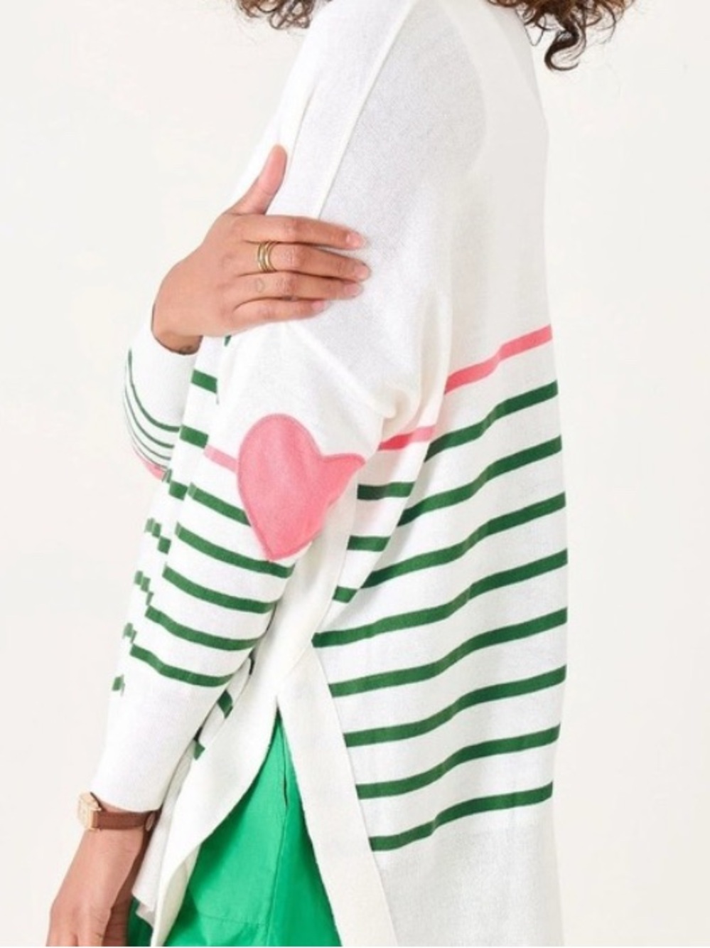 Mersea The Amour Sweater Womens OS Green Pink Stripe Heart Elbow Patch Pullover